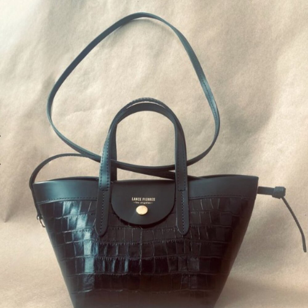 Black Croc-Embossed Crossbody Tote